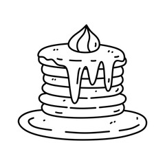 Cute pancakes with syrup and cream isolated on white background. Vector hand-drawn illustration in doodle style. Perfect for cards, decorations, logo, menu.