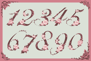エレガントな花を使ったデザイン書体の数字セット。ベクター素材。