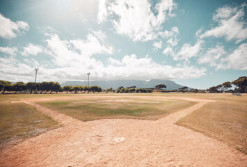 Empty baseball field, stadium or sport softball park for competition, training or tournament match....