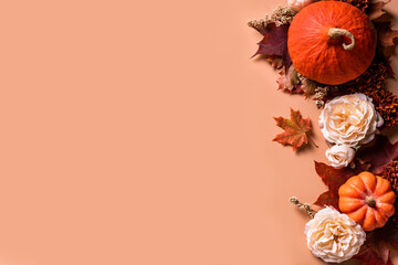 Autumn pumpkins, rose flowers composition - obrazy, fototapety, plakaty