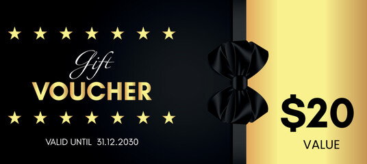 20 Dollar value gift voucher template design with black bow and gold star isolated on black background. Special offer gift voucher template to save money. Gift certificates, tickets, coupon code.