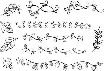 Clipart of leaf decoration drawn by pen in black and white.