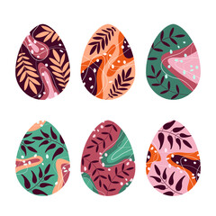 Set of Easter eggs. Six Easter eggs with floral ornaments. Vector illustration isolated on a white background for design and web.