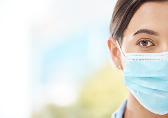 Covid, mask and face of a medical doctor or healthcare nurse working at a hospital, insurance for safety and nursing staff at clinic. Portrait of sick, expert health worker or professional at job