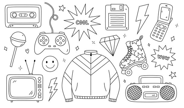 Doodle set of items from the nineties - retro cassette tape, sports jacket, tape recorder, roller skate, TV, joystick, floppy disk, cool and wow stickers, lightnings, diamonds. Nostalgia for the 1990s