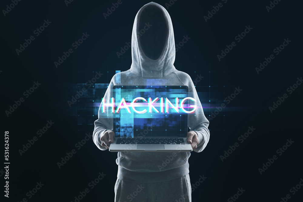 Aufkleber Hacker holding laptop with abstract glowing big data glitch on black background. Hacking and theft concept. Unique Design Abstract Digital Pixel Noise Glitch Error Video Damage.