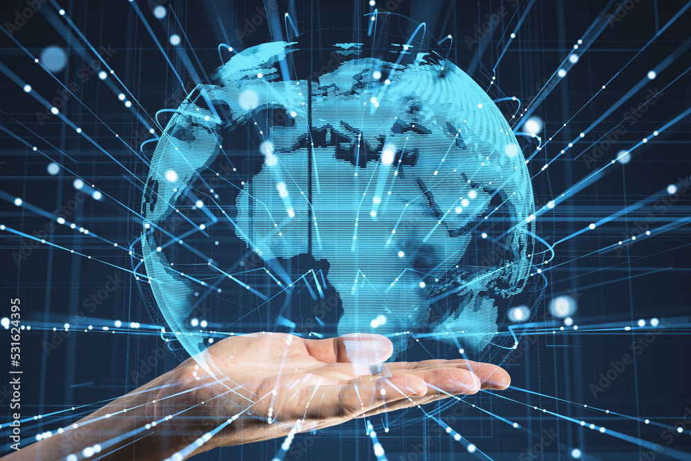 Poster businessman holding abstract glowing globe hologram with lines on blue background. hand holding glob