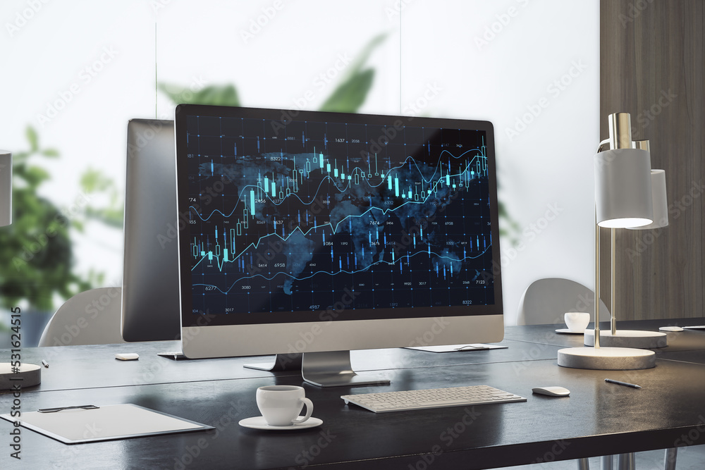 Poster Close up of computer screen with forex chart on screen. Bright office desktop background. 3D Rendering.