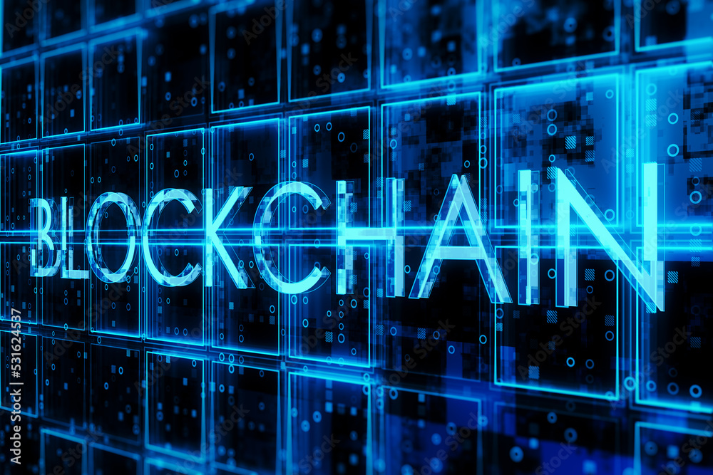 Aufkleber Creative dark blue cubes background with blockchain text hologram. Technology, bigdata and information concept. 3D Rendering.