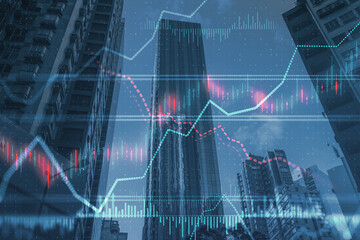 Bright glowing forex chart on blurry wallpaper. Trade, finance, stats. Double exposure.