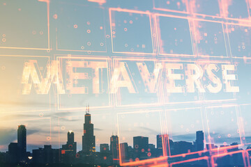 Abstract glowing cubes metaverse text hologram on blurry city background. Technology, abstract world and information concept. Double exposure.