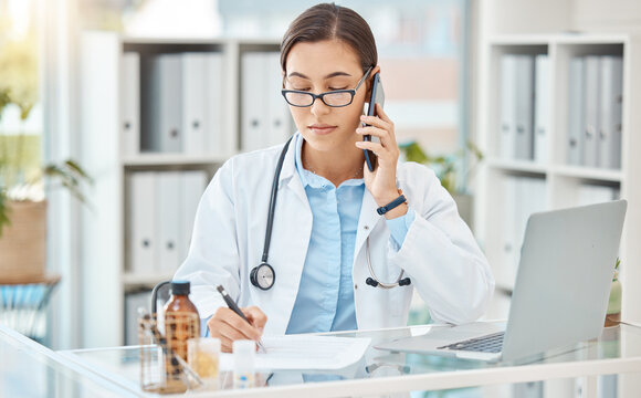 Telehealth woman doctor phone call, healthcare talking and medical service writing sick note, surgery planning and prescription. Wellness worker, medicine research and clinical report test results
