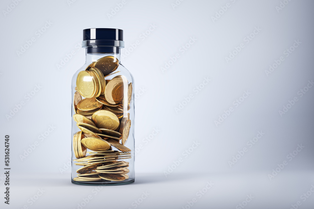 Poster Abstract 3d rendering of glass bottle with golden dollar coins on white background with mock up place. Bank, cash, investing and savings concept.