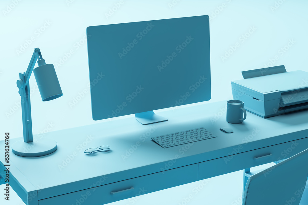 Aufkleber Close up of creative blue minimalistic designer workplace with furniture, empty mock up computer monitor and other items. 3D Rendering.