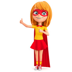Cartoon character girl in super hero costume points thumb up. 3d render illustration.