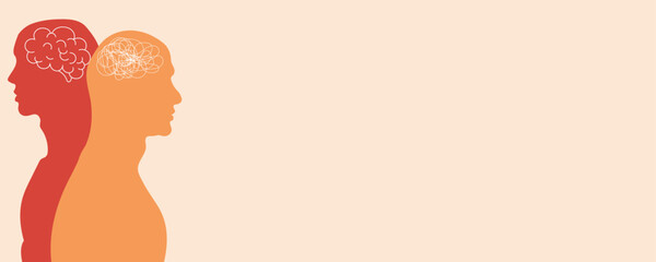 Two-headed cartoon character, mental health, imagination, and a double face. Metaphor for bipolar disorder mental mind. Web banner concept of mood disorder.