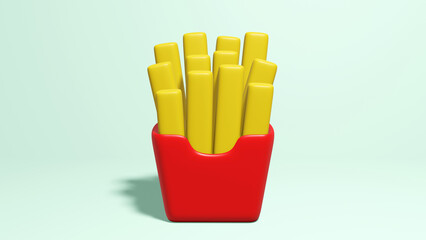 3d illustration French fries or fried potatoes in a red carton box cartoon style minimal.
