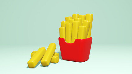 3d illustration French fries or fried potatoes in a red carton box cartoon style minimal.
