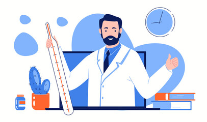 Online doctor consultation on laptop screen. Video call to therapist from home. Flat raster illustration.