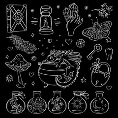 OCCULT ELEMENTS Mystical Symbol Set For Tarot Card Banner Flyer Poster Sticker Esoteric Witchcraft Hand Drawn Magical Objects Halloween Monochrome Vector Sketch