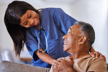 Senior man, volunteer nurse or support caregiver help with elderly in medical nursing home. Smile,...