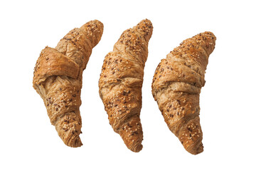 Three wholemeal croissants with bran on a white background isolated. Flat lay