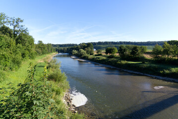 Fototapeta na wymiar Scenic view of Thur River at rural village Andelfingen, Canton Zürich, on a sunny summer day. Photo taken July 12th, 2022, Kleinandelfingen, Switzerland.