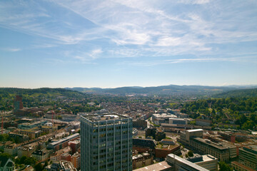 Aerial view of City of Winterthur on a sunny summer day. Photo taken July 12th, 2022, Winterthur, Switzerland.