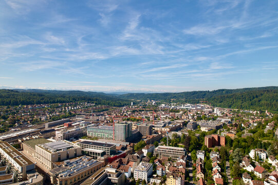 Aerial view of City of Winterthur on a sunny summer day. Photo taken July 12th, 2022, Winterthur, Switzerland.