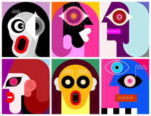 Six Portraits modern art layered vector illustration. Composition of six different abstract images of human face.	