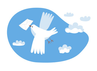 White pigeon postman flies in the sky with a mail. Dove delivers letters. Pigeon post. 