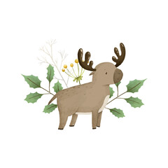 cute childish composition with forest animal and leaves, plants, design and print