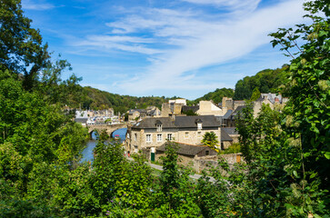 Fototapeta na wymiar Panoramic view of the old harbour of the French town of Dinan on a sunny summer day.