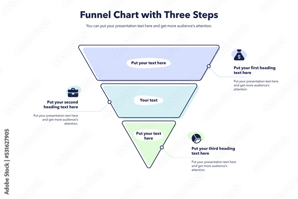 Poster Funnel chart template with three colorful steps. Creative diagram divided into three steps with minimalistic icons.