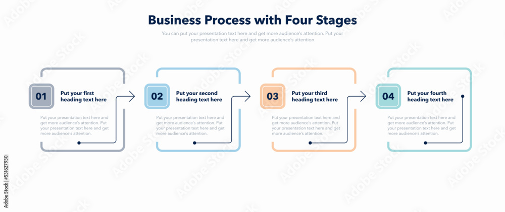 Poster Modern business process template with four stages. Easy to use for your website or presentation.