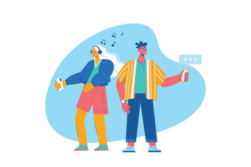 Blue concept People use gadgets with people scene in the flat cartoon style. Guy checks phone updates while the girl listens to music in headphones. Vector illustration.