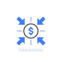 Simple visualised fundraising icon symbol with a dollar coin and arrows pointing towards it.