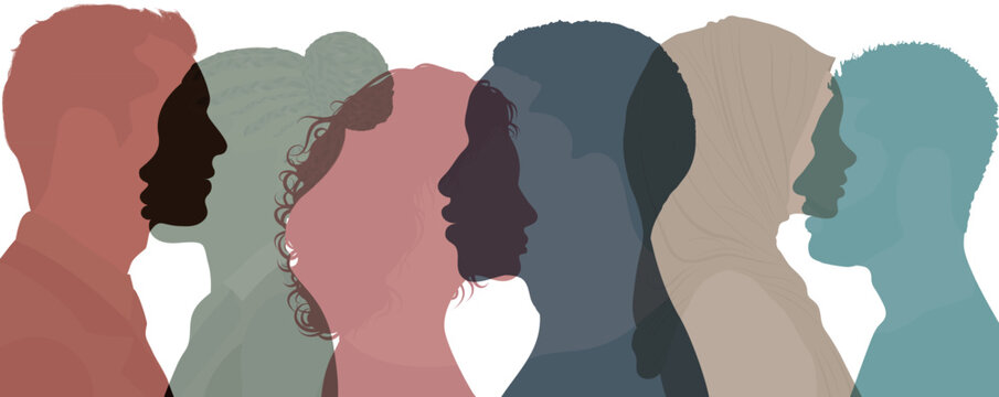 Silhouette profile group of men and women of diverse cultures. Diversity multicultural people. Concept of racial equality and anti-racism. Multiethnic and multiracial society. Friendship