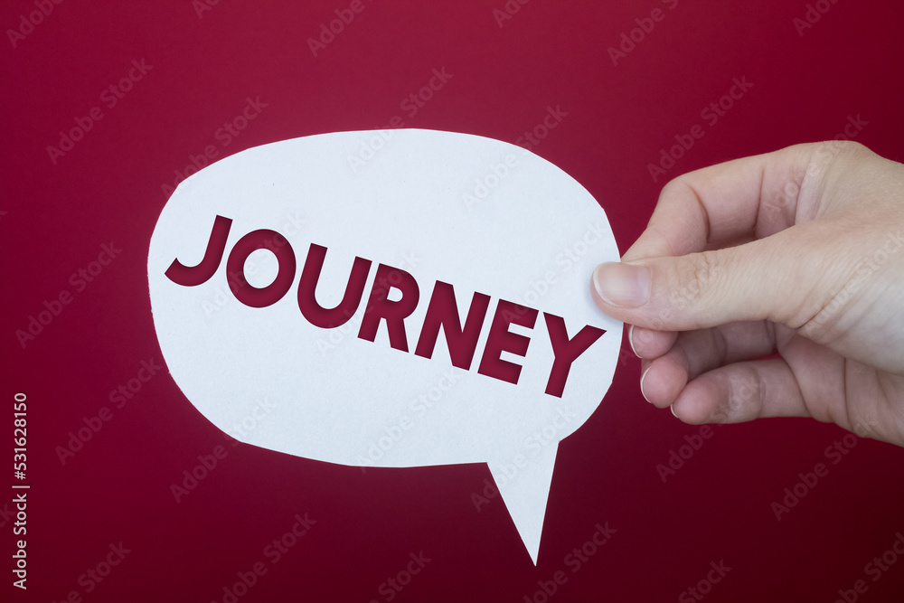 Poster speech bubble in front of colored background with journey text.