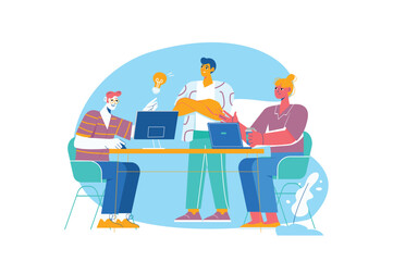 Teamwork blue concept with people scene in the flat cartoon design. Three friends work together in the office. Vector illustration.