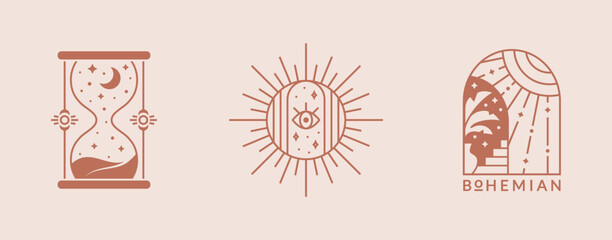 Boho logos. Vector set with sun, moon and hourglass.
