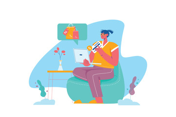 Blue concept Online shopping with people scene in the flat cartoon style. Woman chooses products in an online store while sitting at home. Vector illustration.