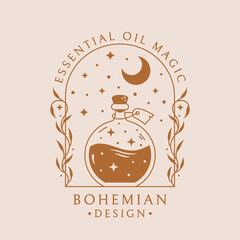 Magic potion logo template. Vector emblem for essential oils, aromatherapy, natural homemade perfume, botanical healing, homeopathy, etc. Trendy boho design with elixir bottle, stars and moon.