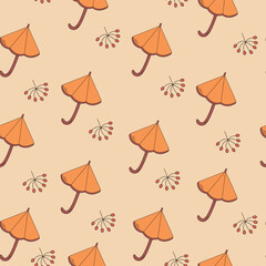 Vector cartoon cute umbrellas seamless pattern on a yellow background, cute doodle wallpaper illustration