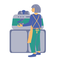 Female barista making coffee at the coffee shop. Simple flat vector illustration