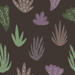 Abstract decorative floral seamless pattern. Dark simple repeat background for surface design, wrapping paper. Flat hand drawn vector illustration