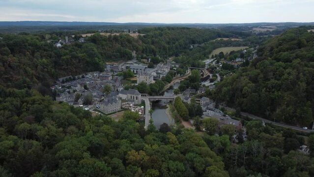 Medieval town Durbuy and forest. Touristic place at the Belgian Ardennes, Aerial