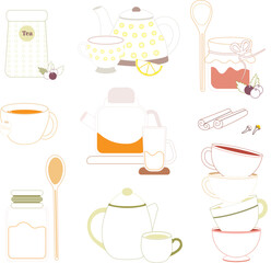 Tea time, vector drawing, delicious tea option. Different versions of tea.
