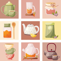 Tea time, vector drawing, delicious tea option. Different versions of tea.