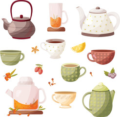 Tea time, vector drawing, delicious tea option. Different versions of tea.